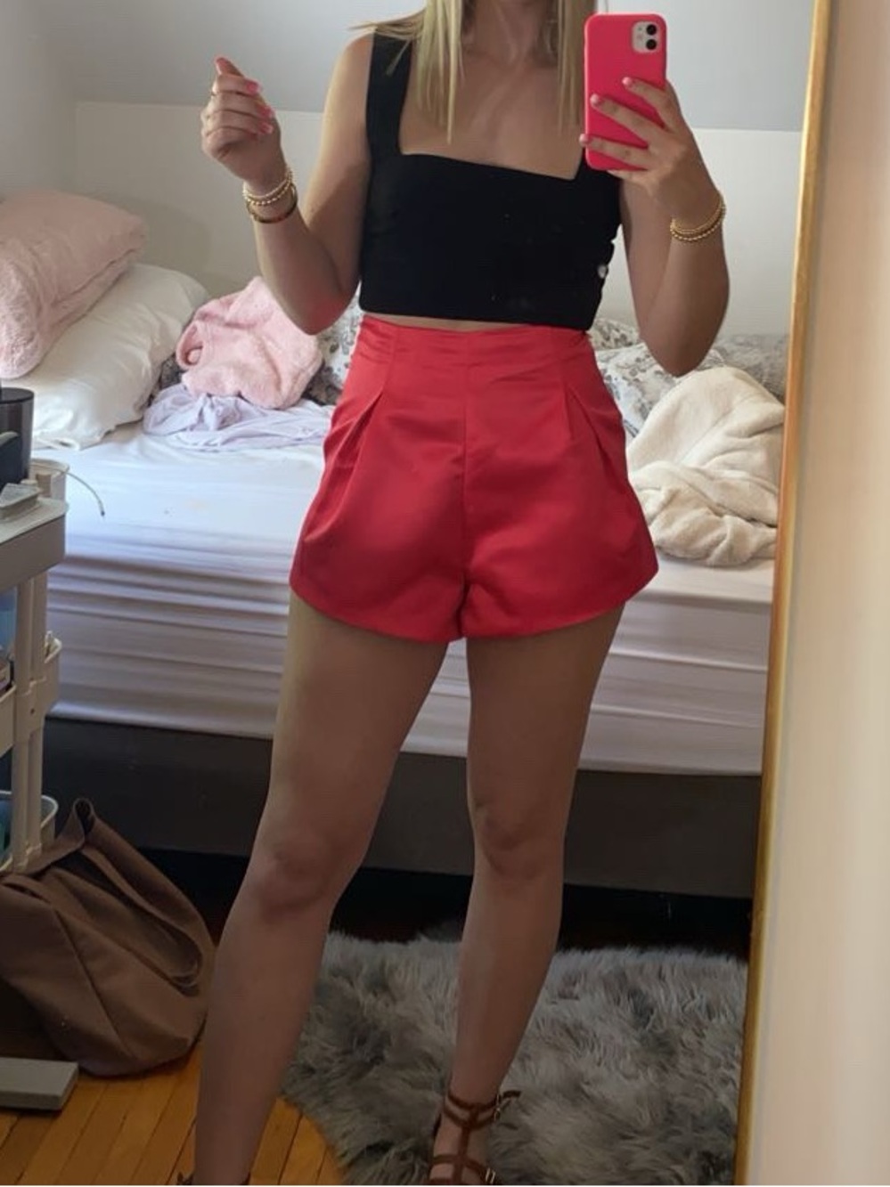 High-Waist Hot Pink Satin Pleated Women's Shorts